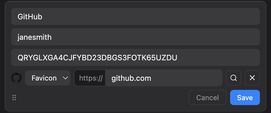 An account open for editing, with its issuer, account name, secret, and favicon website fields