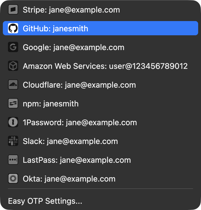 The Easy OTP menu listing accounts with their service icons, with GitHub highlighted