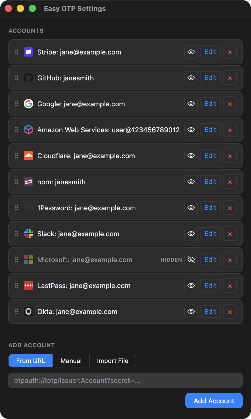 The Easy OTP Settings window listing accounts with icons, one marked Hidden, above the Add Account form